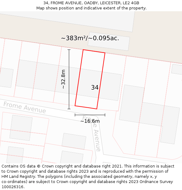 34, FROME AVENUE, OADBY, LEICESTER, LE2 4GB: Plot and title map