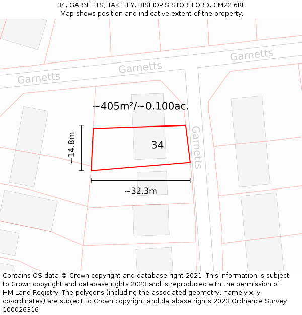 34, GARNETTS, TAKELEY, BISHOP'S STORTFORD, CM22 6RL: Plot and title map