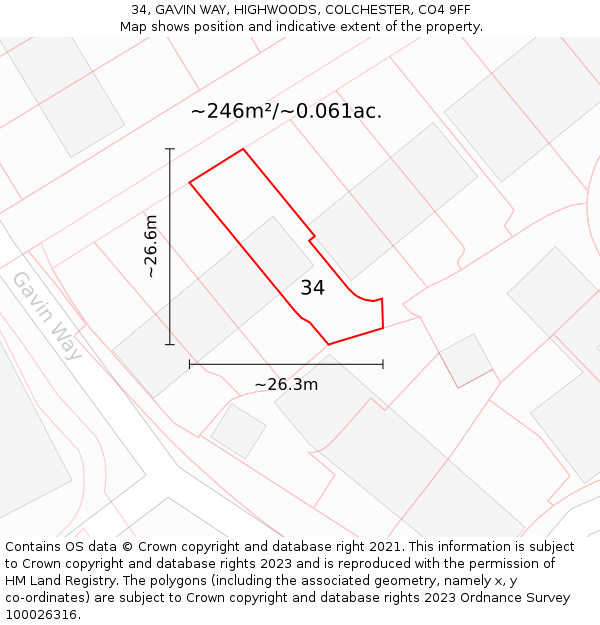 34, GAVIN WAY, HIGHWOODS, COLCHESTER, CO4 9FF: Plot and title map