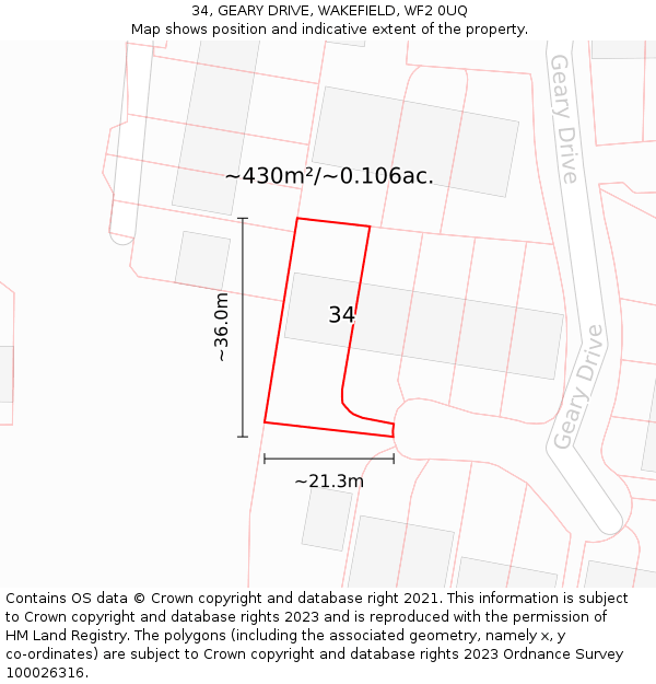 34, GEARY DRIVE, WAKEFIELD, WF2 0UQ: Plot and title map