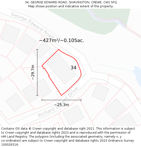 34, GEORGE EDWARD ROAD, SHAVINGTON, CREWE, CW2 5FQ: Plot and title map