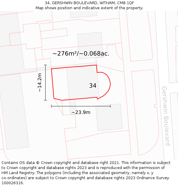 34, GERSHWIN BOULEVARD, WITHAM, CM8 1QF: Plot and title map