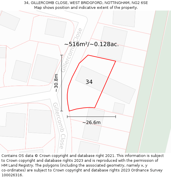 34, GILLERCOMB CLOSE, WEST BRIDGFORD, NOTTINGHAM, NG2 6SE: Plot and title map