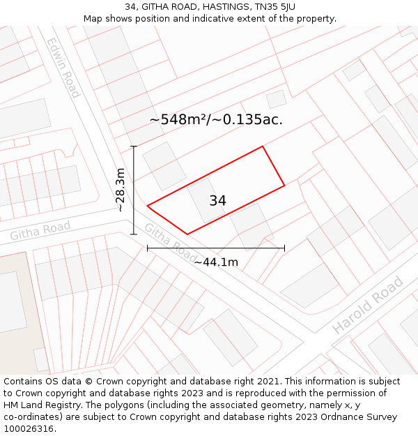 34, GITHA ROAD, HASTINGS, TN35 5JU: Plot and title map