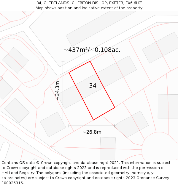 34, GLEBELANDS, CHERITON BISHOP, EXETER, EX6 6HZ: Plot and title map