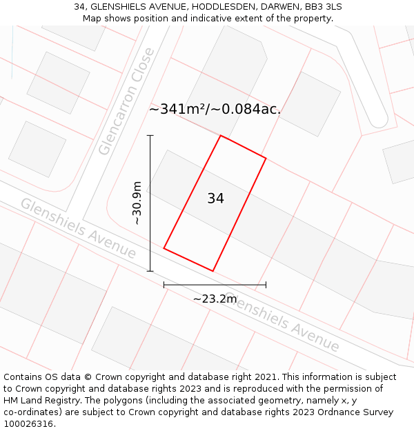 34, GLENSHIELS AVENUE, HODDLESDEN, DARWEN, BB3 3LS: Plot and title map