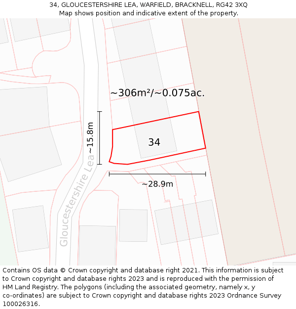 34, GLOUCESTERSHIRE LEA, WARFIELD, BRACKNELL, RG42 3XQ: Plot and title map