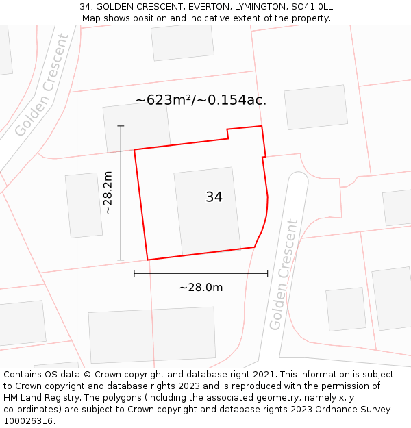 34, GOLDEN CRESCENT, EVERTON, LYMINGTON, SO41 0LL: Plot and title map
