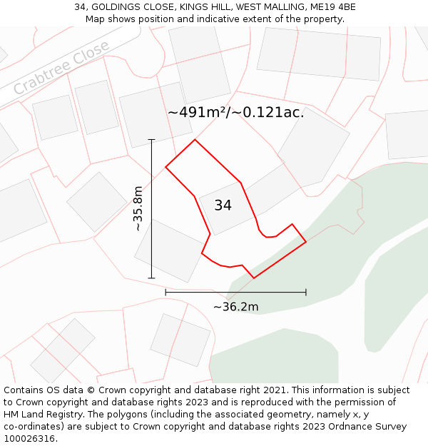 34, GOLDINGS CLOSE, KINGS HILL, WEST MALLING, ME19 4BE: Plot and title map