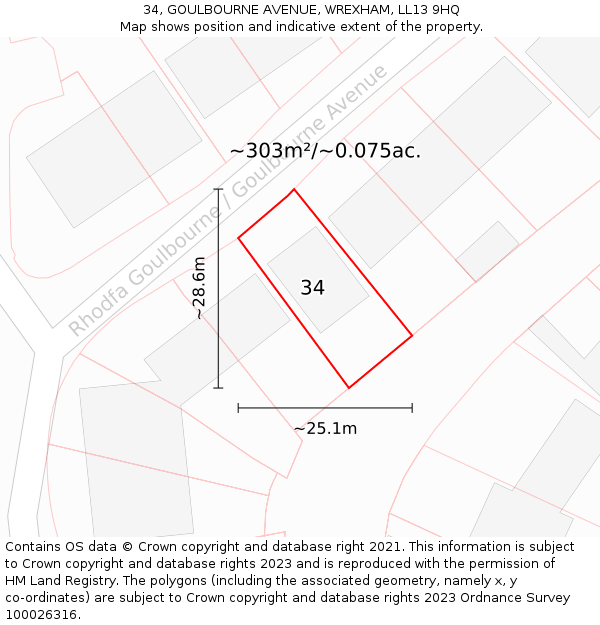 34, GOULBOURNE AVENUE, WREXHAM, LL13 9HQ: Plot and title map