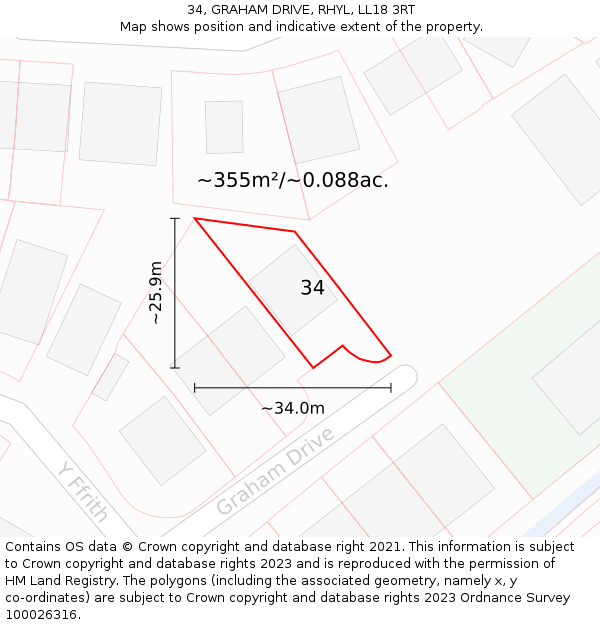 34, GRAHAM DRIVE, RHYL, LL18 3RT: Plot and title map