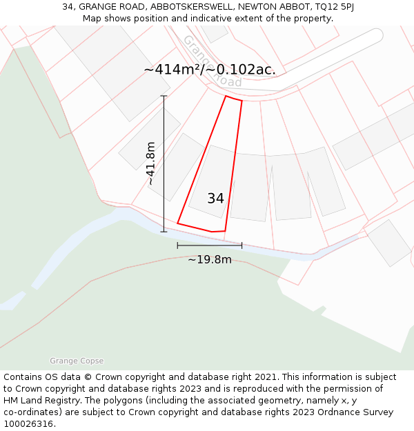 34, GRANGE ROAD, ABBOTSKERSWELL, NEWTON ABBOT, TQ12 5PJ: Plot and title map