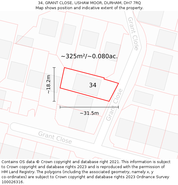 34, GRANT CLOSE, USHAW MOOR, DURHAM, DH7 7RQ: Plot and title map