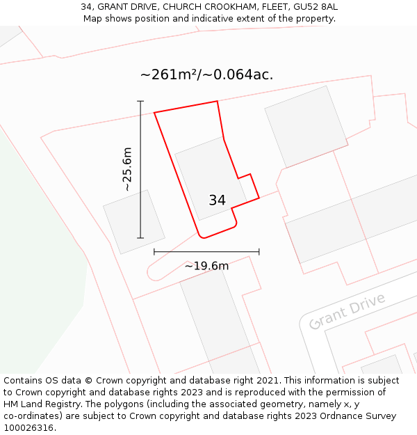 34, GRANT DRIVE, CHURCH CROOKHAM, FLEET, GU52 8AL: Plot and title map