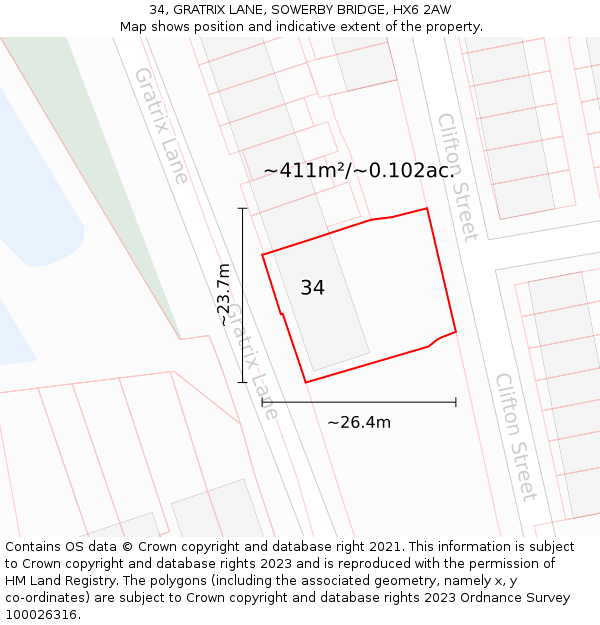 34, GRATRIX LANE, SOWERBY BRIDGE, HX6 2AW: Plot and title map