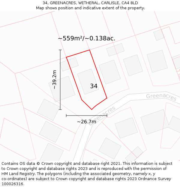 34, GREENACRES, WETHERAL, CARLISLE, CA4 8LD: Plot and title map