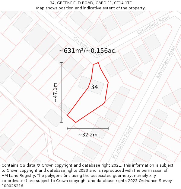 34, GREENFIELD ROAD, CARDIFF, CF14 1TE: Plot and title map