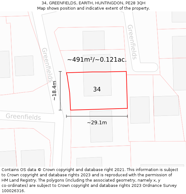 34, GREENFIELDS, EARITH, HUNTINGDON, PE28 3QH: Plot and title map