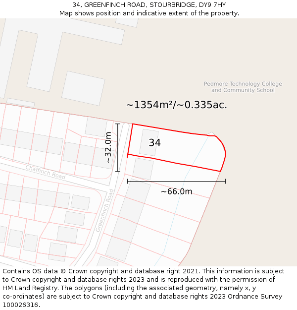 34, GREENFINCH ROAD, STOURBRIDGE, DY9 7HY: Plot and title map