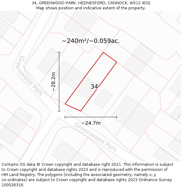 34, GREENWOOD PARK, HEDNESFORD, CANNOCK, WS12 4DQ: Plot and title map