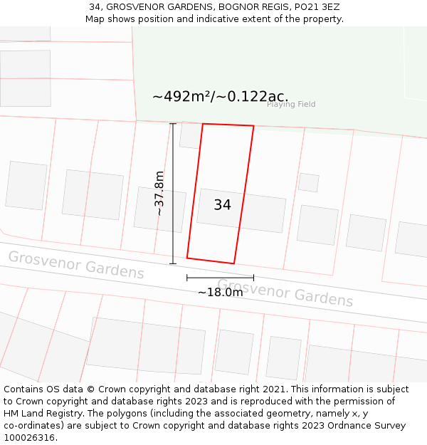 34, GROSVENOR GARDENS, BOGNOR REGIS, PO21 3EZ: Plot and title map