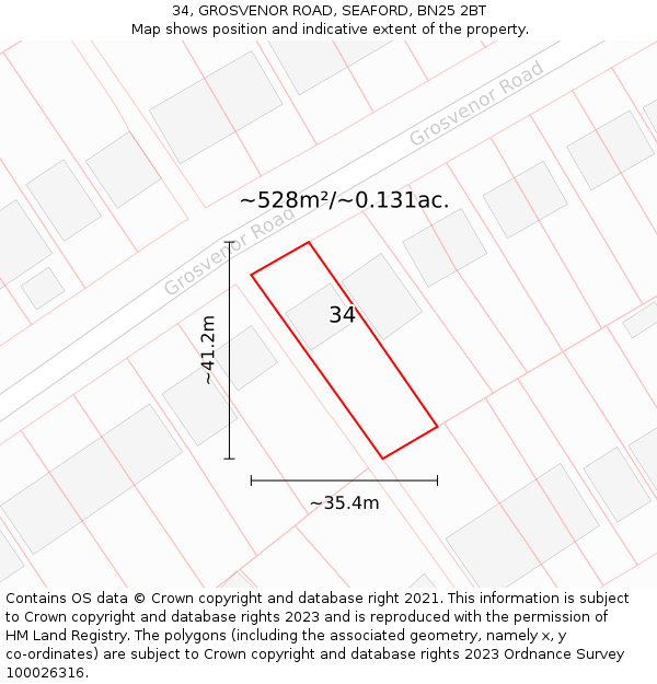 34, GROSVENOR ROAD, SEAFORD, BN25 2BT: Plot and title map