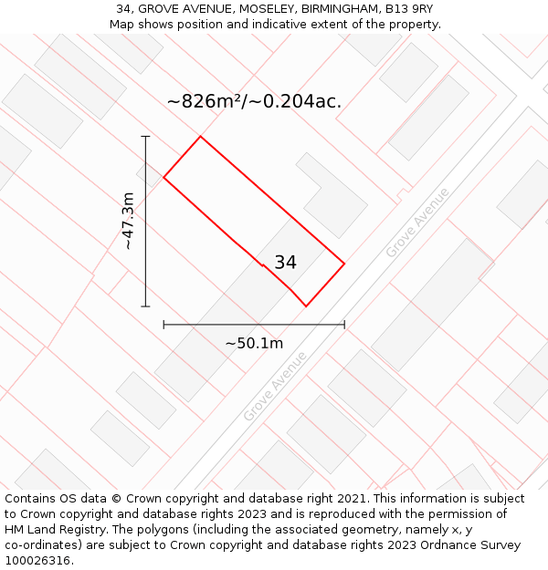 34, GROVE AVENUE, MOSELEY, BIRMINGHAM, B13 9RY: Plot and title map