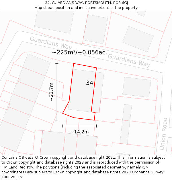 34, GUARDIANS WAY, PORTSMOUTH, PO3 6GJ: Plot and title map