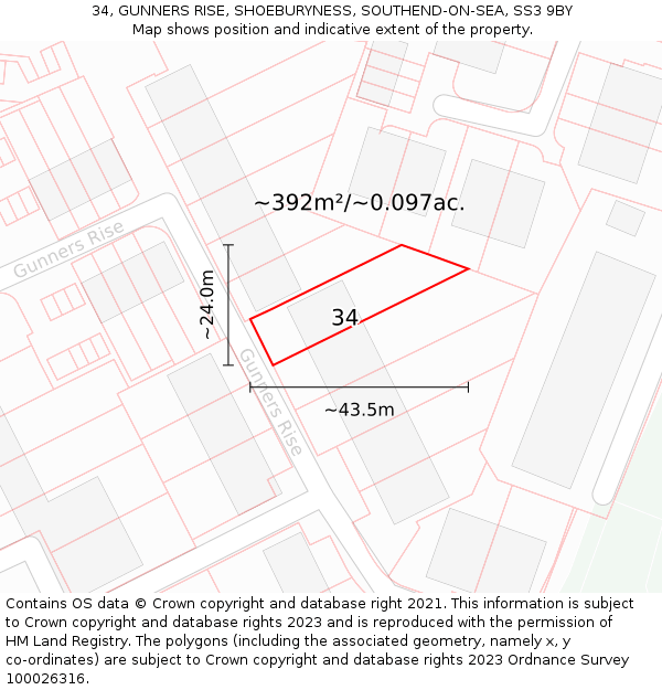 34, GUNNERS RISE, SHOEBURYNESS, SOUTHEND-ON-SEA, SS3 9BY: Plot and title map
