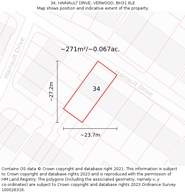 34, HAINAULT DRIVE, VERWOOD, BH31 6LE: Plot and title map