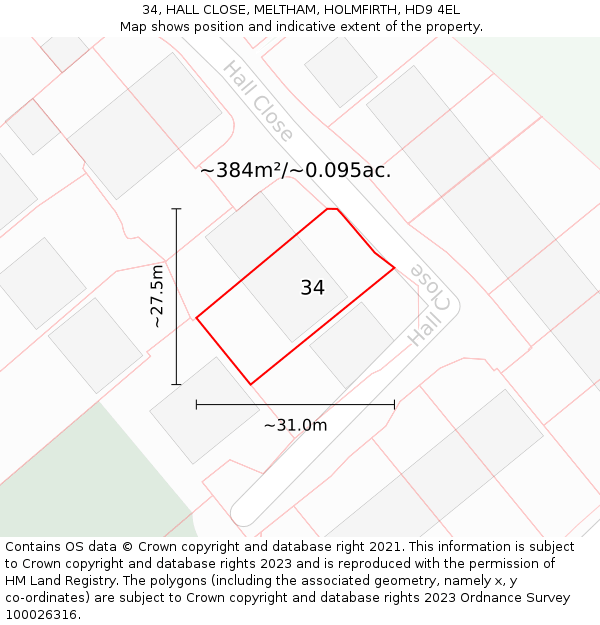 34, HALL CLOSE, MELTHAM, HOLMFIRTH, HD9 4EL: Plot and title map
