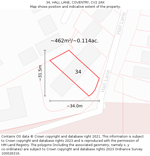 34, HALL LANE, COVENTRY, CV2 2AX: Plot and title map