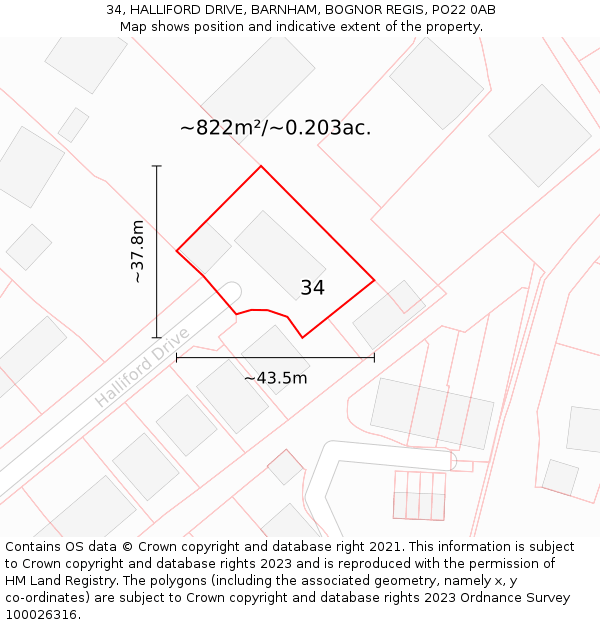 34, HALLIFORD DRIVE, BARNHAM, BOGNOR REGIS, PO22 0AB: Plot and title map