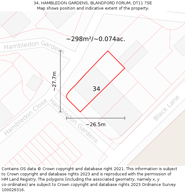 34, HAMBLEDON GARDENS, BLANDFORD FORUM, DT11 7SE: Plot and title map