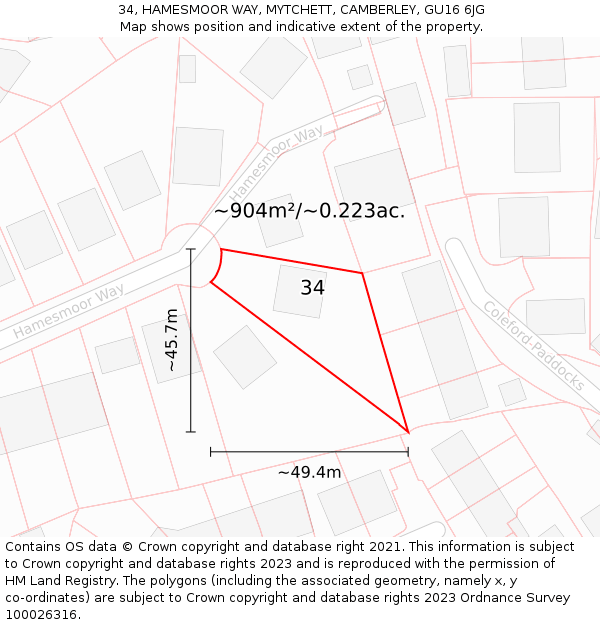 34, HAMESMOOR WAY, MYTCHETT, CAMBERLEY, GU16 6JG: Plot and title map