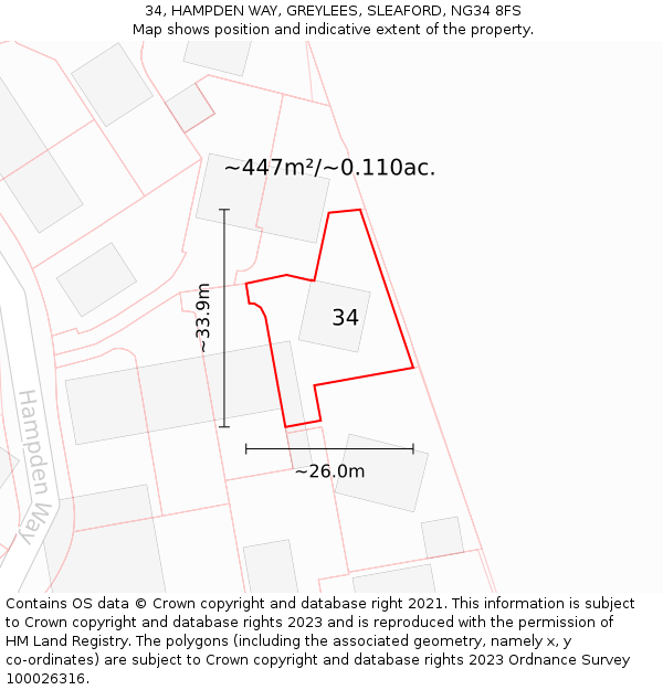 34, HAMPDEN WAY, GREYLEES, SLEAFORD, NG34 8FS: Plot and title map