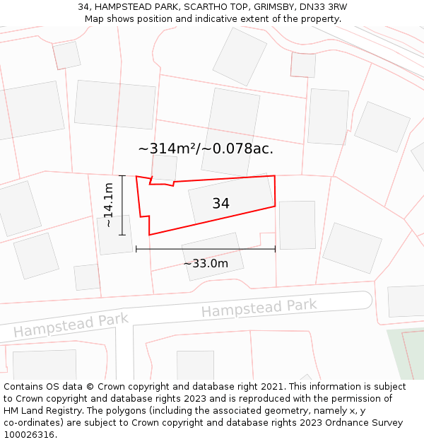 34, HAMPSTEAD PARK, SCARTHO TOP, GRIMSBY, DN33 3RW: Plot and title map