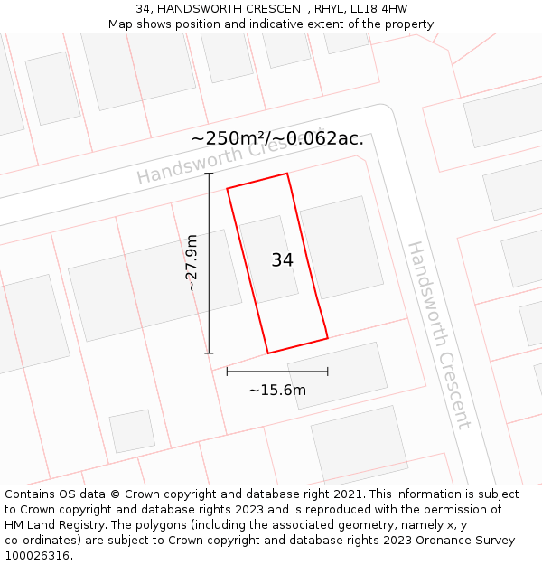 34, HANDSWORTH CRESCENT, RHYL, LL18 4HW: Plot and title map