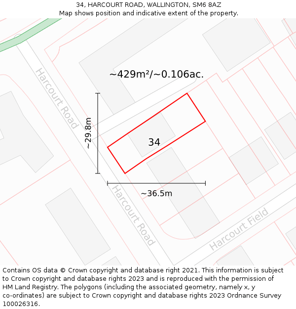34, HARCOURT ROAD, WALLINGTON, SM6 8AZ: Plot and title map