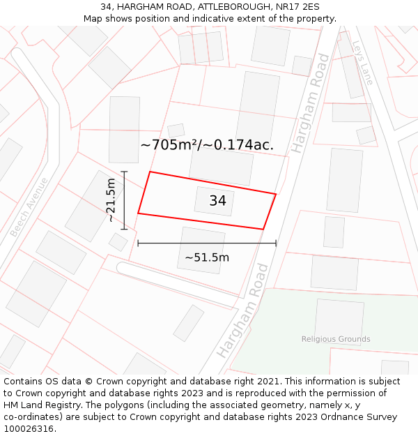 34, HARGHAM ROAD, ATTLEBOROUGH, NR17 2ES: Plot and title map