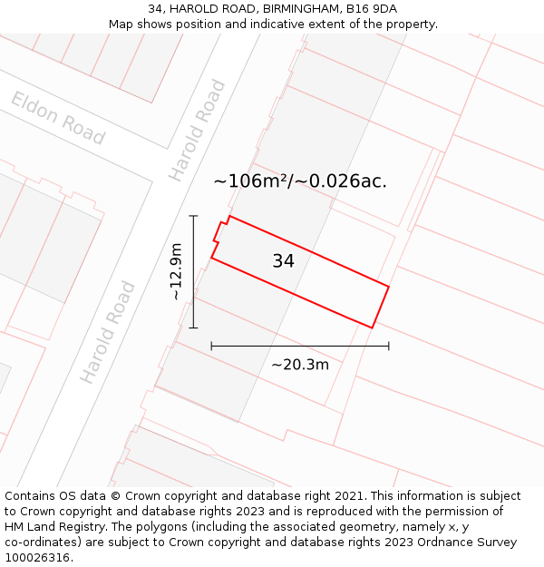 34, HAROLD ROAD, BIRMINGHAM, B16 9DA: Plot and title map