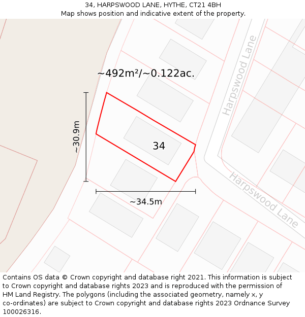 34, HARPSWOOD LANE, HYTHE, CT21 4BH: Plot and title map