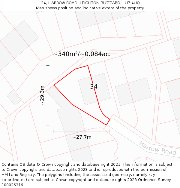34, HARROW ROAD, LEIGHTON BUZZARD, LU7 4UQ: Plot and title map