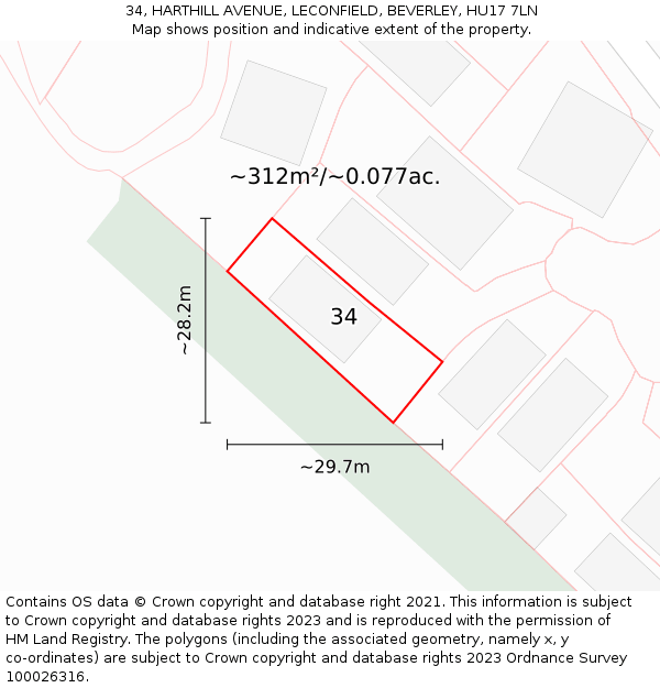 34, HARTHILL AVENUE, LECONFIELD, BEVERLEY, HU17 7LN: Plot and title map