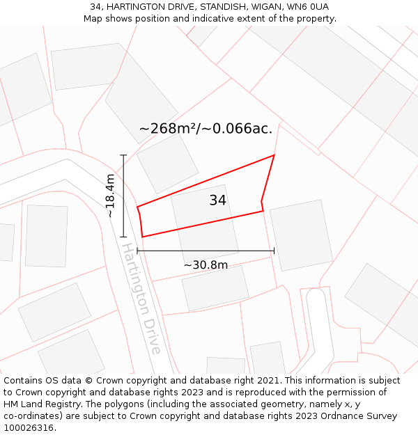 34, HARTINGTON DRIVE, STANDISH, WIGAN, WN6 0UA: Plot and title map