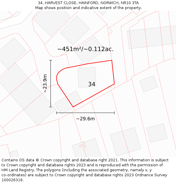 34, HARVEST CLOSE, HAINFORD, NORWICH, NR10 3TA: Plot and title map