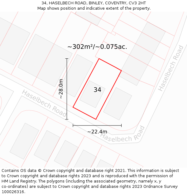 34, HASELBECH ROAD, BINLEY, COVENTRY, CV3 2HT: Plot and title map