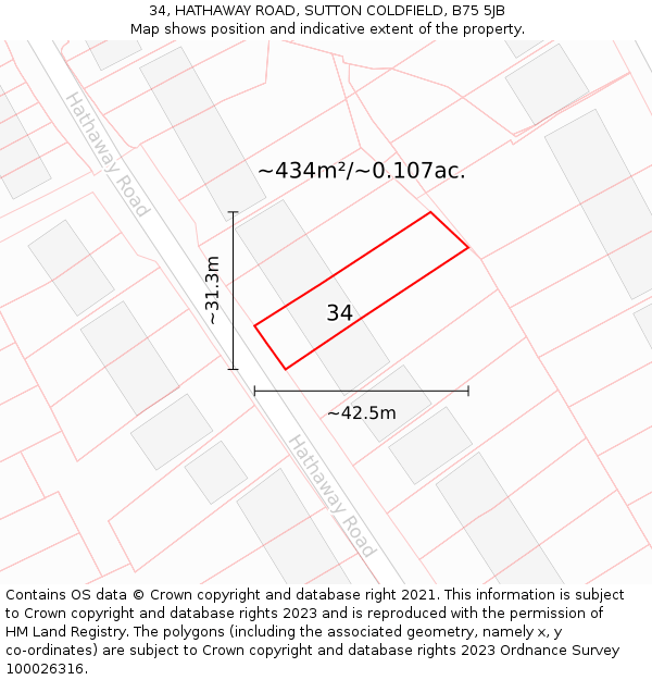 34, HATHAWAY ROAD, SUTTON COLDFIELD, B75 5JB: Plot and title map