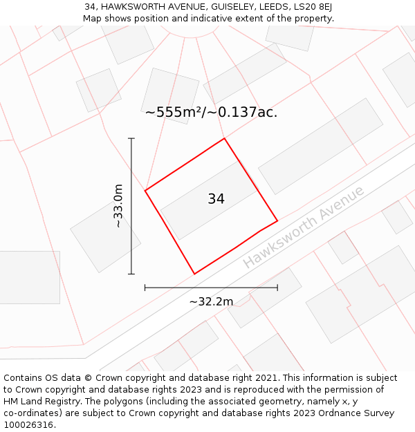 34, HAWKSWORTH AVENUE, GUISELEY, LEEDS, LS20 8EJ: Plot and title map