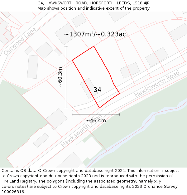 34, HAWKSWORTH ROAD, HORSFORTH, LEEDS, LS18 4JP: Plot and title map